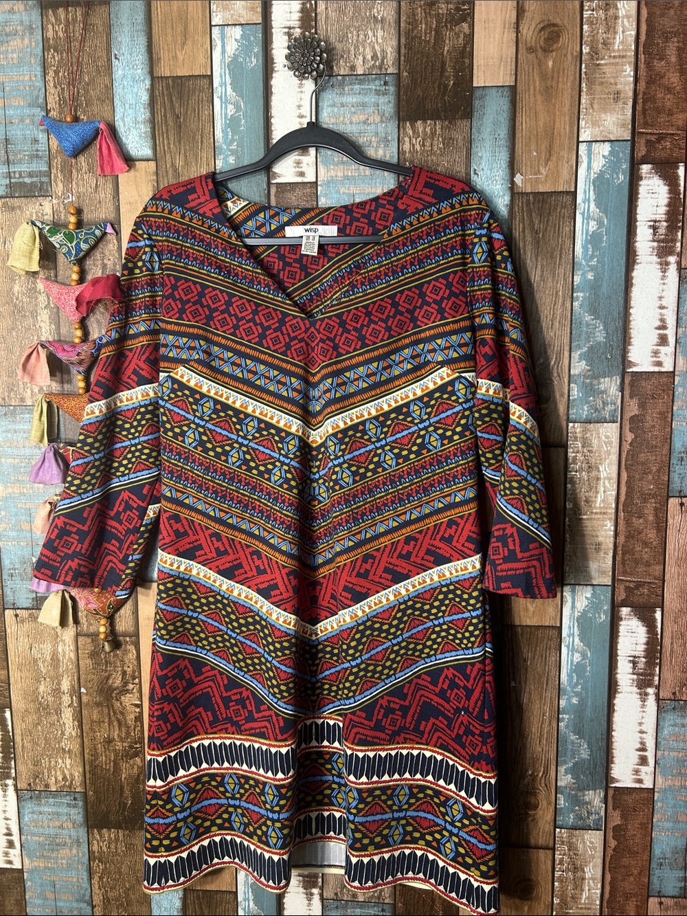 Women’s Red Patterned V-Neck Dress with Tribal Print